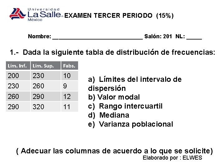 EXAMEN TERCER PERIODO (15%) Nombre: _______________ Salón: 201 NL: _____ 1. - Dada la