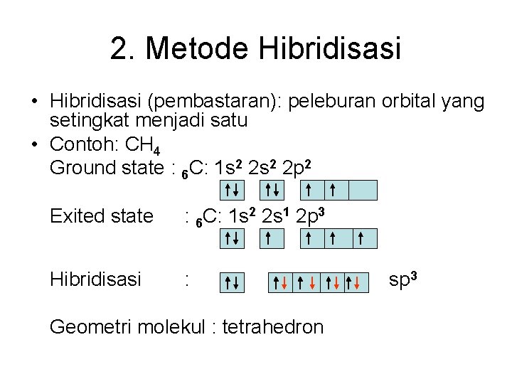 2. Metode Hibridisasi • Hibridisasi (pembastaran): peleburan orbital yang setingkat menjadi satu • Contoh: