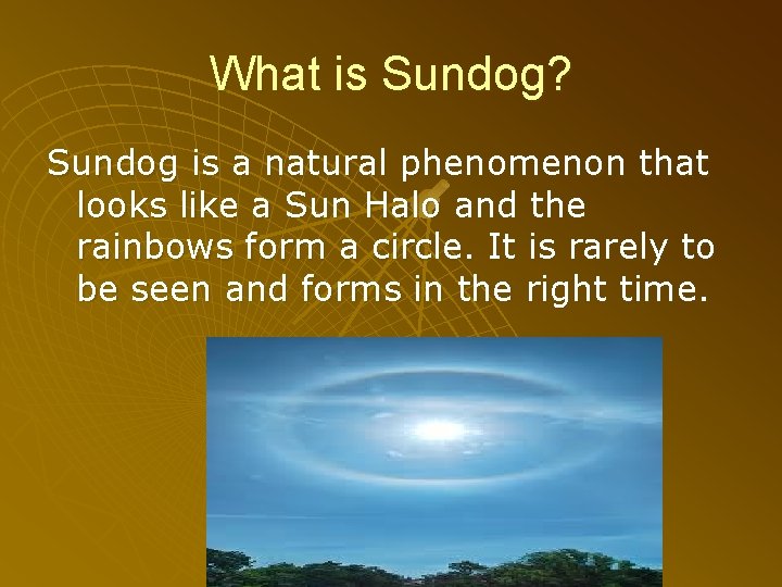 What is Sundog? Sundog is a natural phenomenon that looks like a Sun Halo