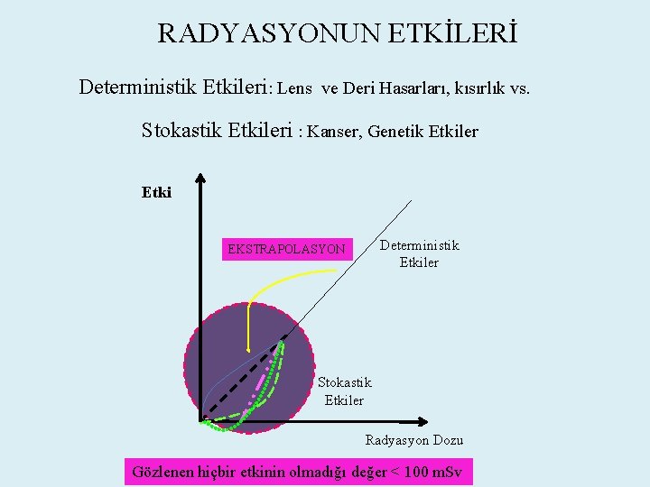 RADYASYONUN ETKİLERİ Deterministik Etkileri: Lens ve Deri Hasarları, kısırlık vs. Stokastik Etkileri : Kanser,