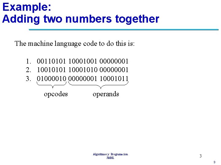 Example: Adding two numbers together The machine language code to do this is: 1.