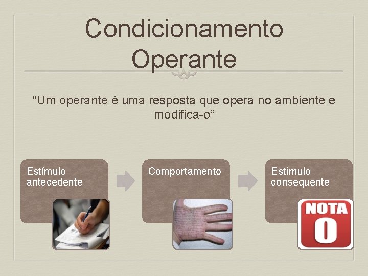 Condicionamento Operante “Um operante é uma resposta que opera no ambiente e modifica-o” Estímulo