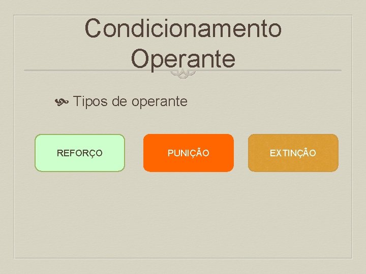 Condicionamento Operante Tipos de operante REFORÇO PUNIÇÃO EXTINÇÃO 