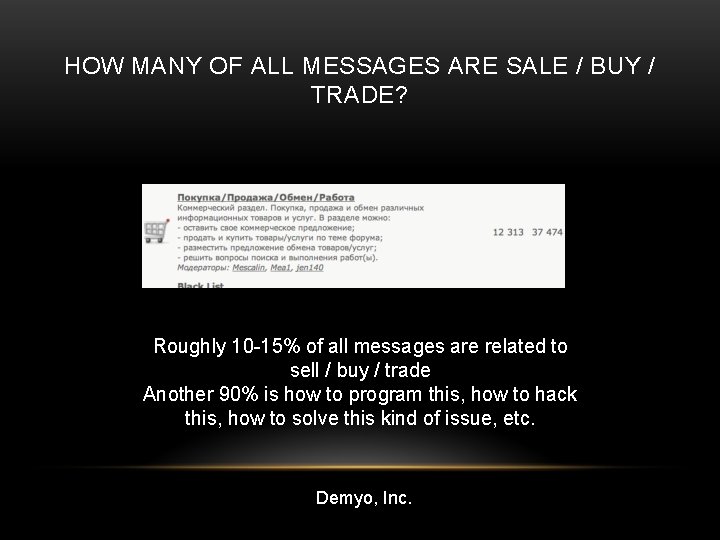 HOW MANY OF ALL MESSAGES ARE SALE / BUY / TRADE? Roughly 10 -15%