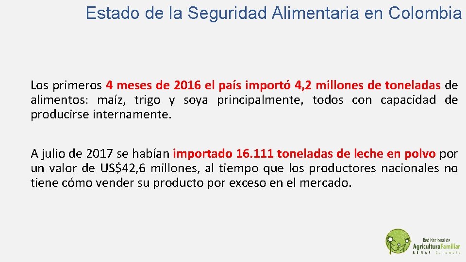 Estado de la Seguridad Alimentaria en Colombia Los primeros 4 meses de 2016 el