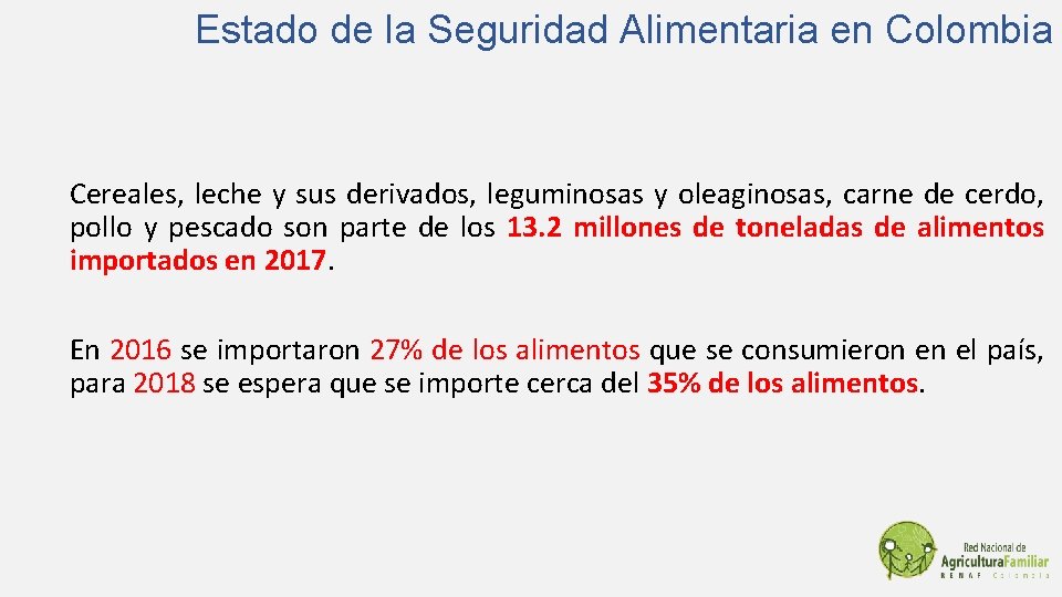 Estado de la Seguridad Alimentaria en Colombia Cereales, leche y sus derivados, leguminosas y