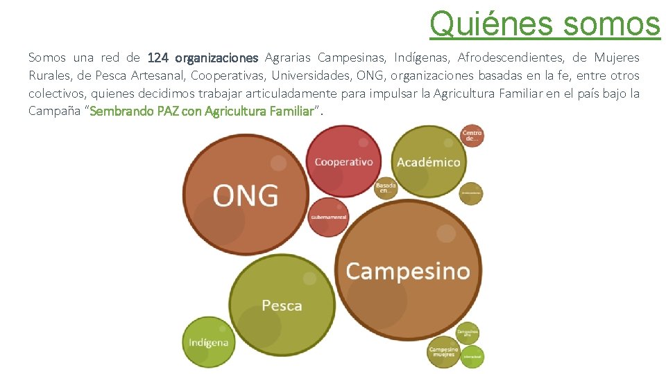 Quiénes somos Somos una red de 124 organizaciones Agrarias Campesinas, Indígenas, Afrodescendientes, de Mujeres