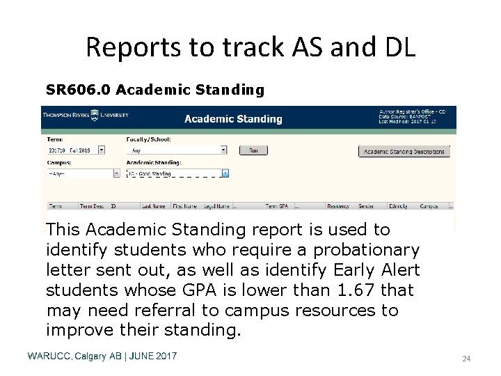 Reports to track AS and DL SR 606. 0 Academic Standing This Academic Standing
