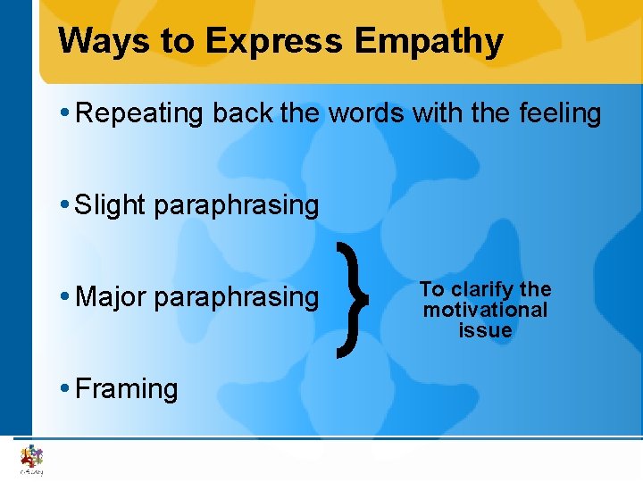 Ways to Express Empathy Repeating back the words with the feeling Slight paraphrasing Major