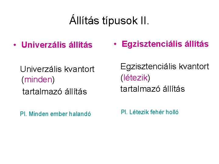 Állítás típusok II. • Univerzális állítás • Egzisztenciális állítás Univerzális kvantort (minden) tartalmazó állítás