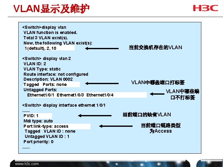 VLAN显示及维护 <Switch>display vlan VLAN function is enabled. Total 3 VLAN exist(s). Now, the following