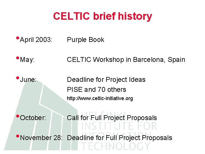 CELTIC brief history • April 2003: Purple Book • May: CELTIC Workshop in Barcelona,