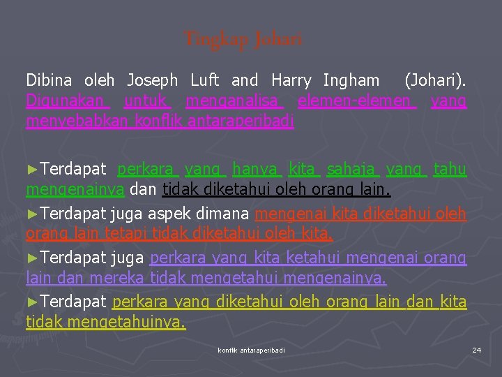 Tingkap Johari Dibina oleh Joseph Luft and Harry Ingham (Johari). Digunakan untuk menganalisa elemen-elemen