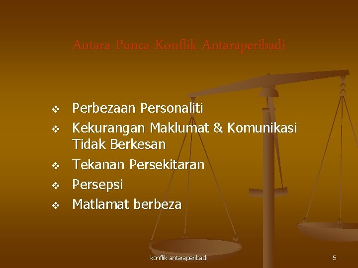 Antara Punca Konflik Antaraperibadi v v v Perbezaan Personaliti Kekurangan Maklumat & Komunikasi Tidak