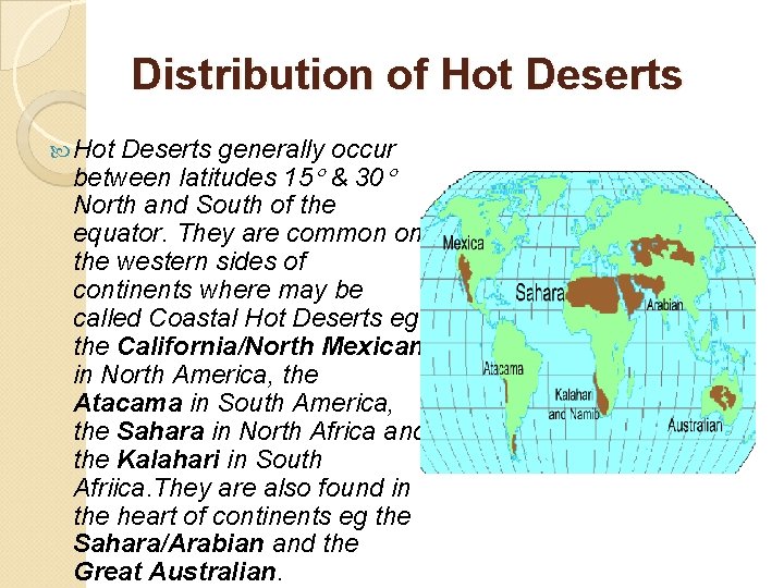 Distribution of Hot Deserts generally occur between latitudes 15 & 30 North and South