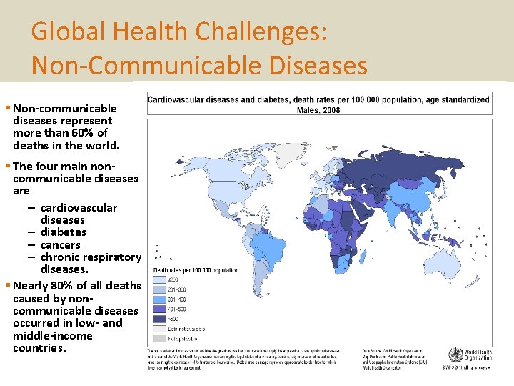 Global Health Challenges: Non-Communicable Diseases § Non-communicable diseases represent more than 60% of deaths