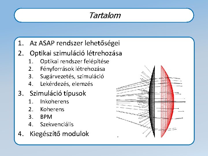 Tartalom 1. Az ASAP rendszer lehetőségei 2. Optikai szimuláció létrehozása 1. 2. 3. 4.