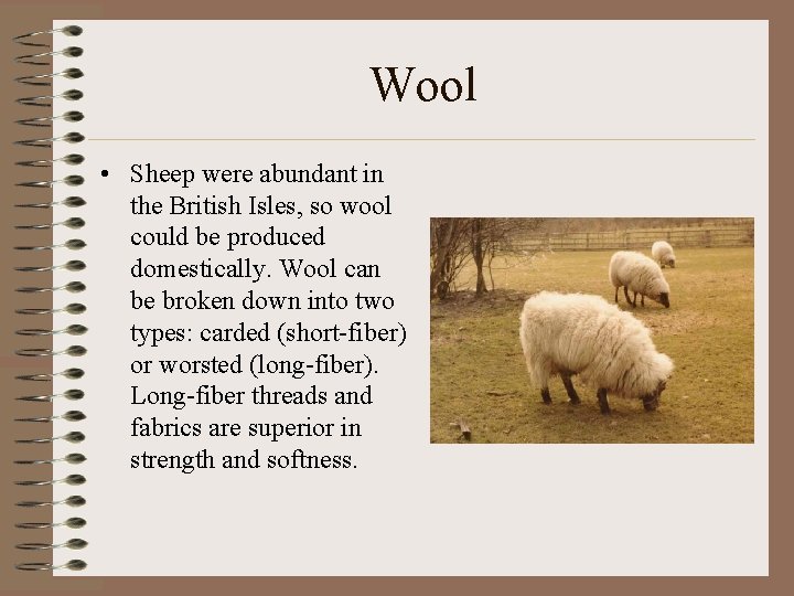Wool • Sheep were abundant in the British Isles, so wool could be produced