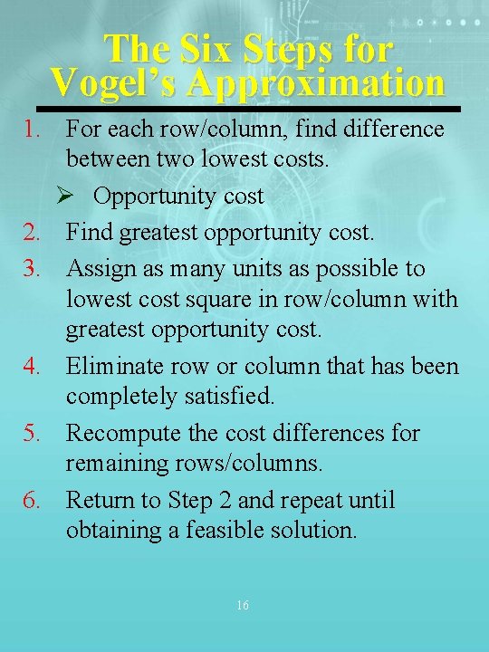The Six Steps for Vogel’s Approximation 1. For each row/column, find difference between two The Six Steps for Vogel’s Approximation 1. For each row/column, find difference between two