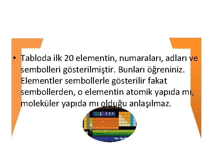  • Tabloda ilk 20 elementin, numaraları, adları ve sembolleri gösterilmiştir. Bunları öğreniniz. Elementler