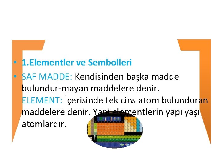  • 1. Elementler ve Sembolleri • SAF MADDE: Kendisinden başka madde bulundur-mayan maddelere