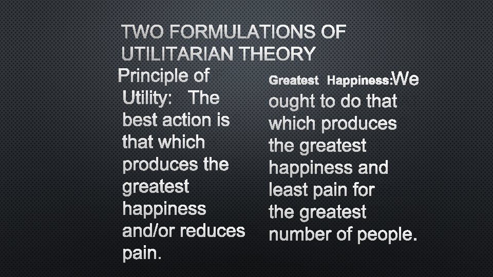 TWO FORMULATIONS OF UTILITARIAN THEORY PRINCIPLE OF GREATEST HAPPINESS: WE UTILITY: THE OUGHT TO