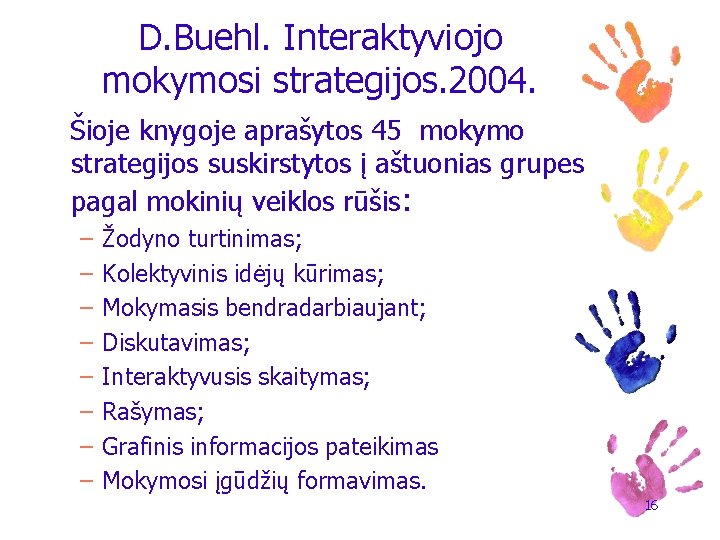 D. Buehl. Interaktyviojo mokymosi strategijos. 2004. Šioje knygoje aprašytos 45 mokymo strategijos suskirstytos į