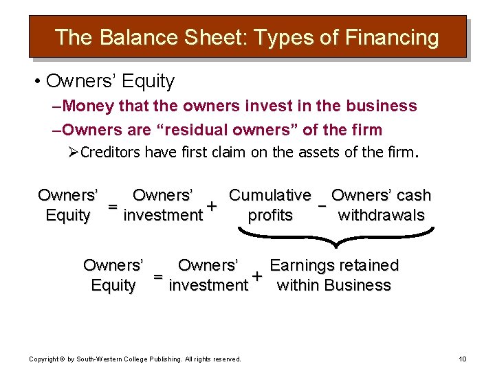 The Balance Sheet: Types of Financing • Owners’ Equity – Money that the owners