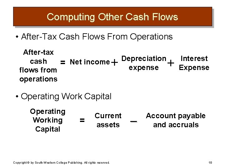 Computing Other Cash Flows • After-Tax Cash Flows From Operations After-tax cash = Net