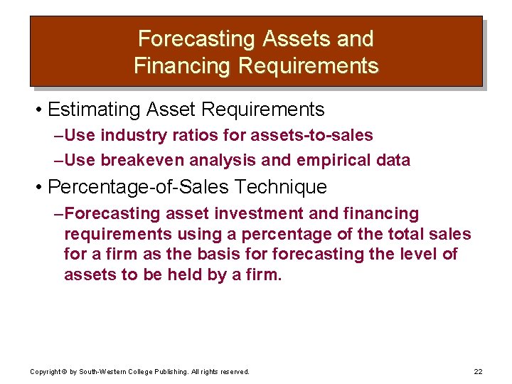Forecasting Assets and Financing Requirements • Estimating Asset Requirements – Use industry ratios for