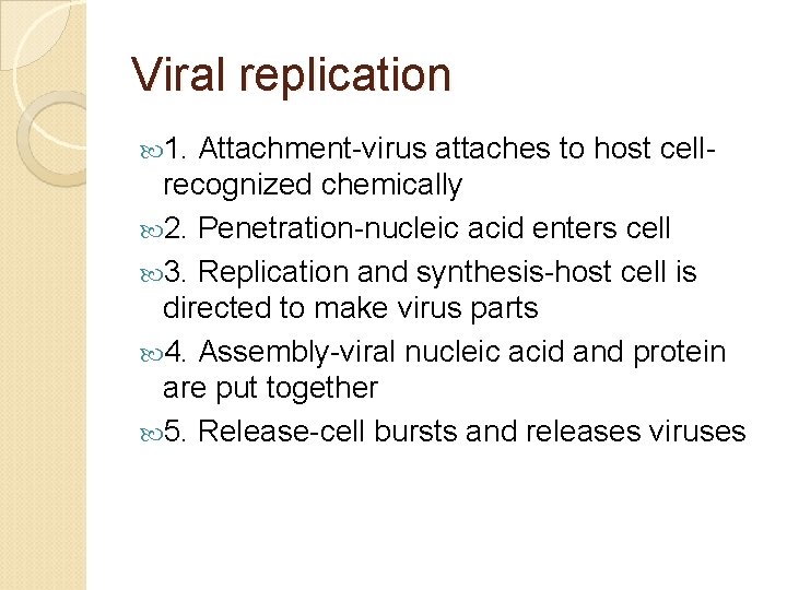 Viral replication 1. Attachment-virus attaches to host cell- recognized chemically 2. Penetration-nucleic acid enters