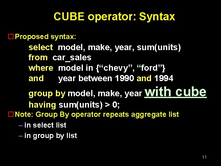 CUBE operator: Syntax o. Proposed syntax: select model, make, year, sum(units) from car_sales where