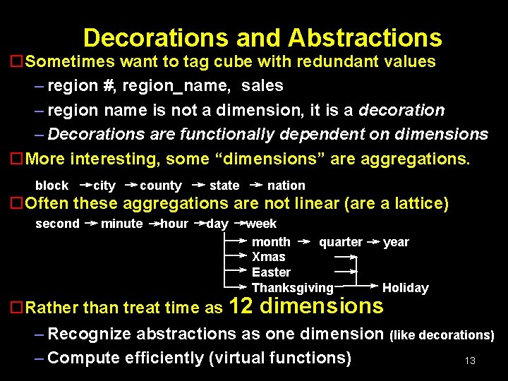 Decorations and Abstractions o. Sometimes want to tag cube with redundant values – region