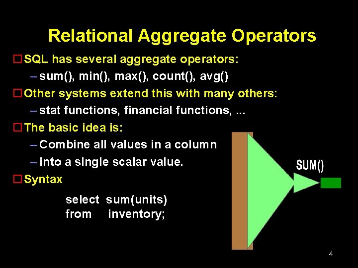 Relational Aggregate Operators o. SQL has several aggregate operators: – sum(), min(), max(), count(),