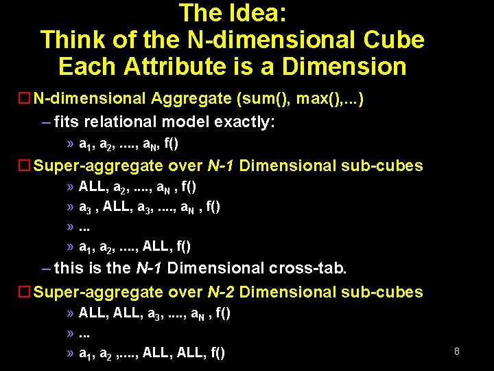 The Idea: Think of the N-dimensional Cube Each Attribute is a Dimension o. N-dimensional