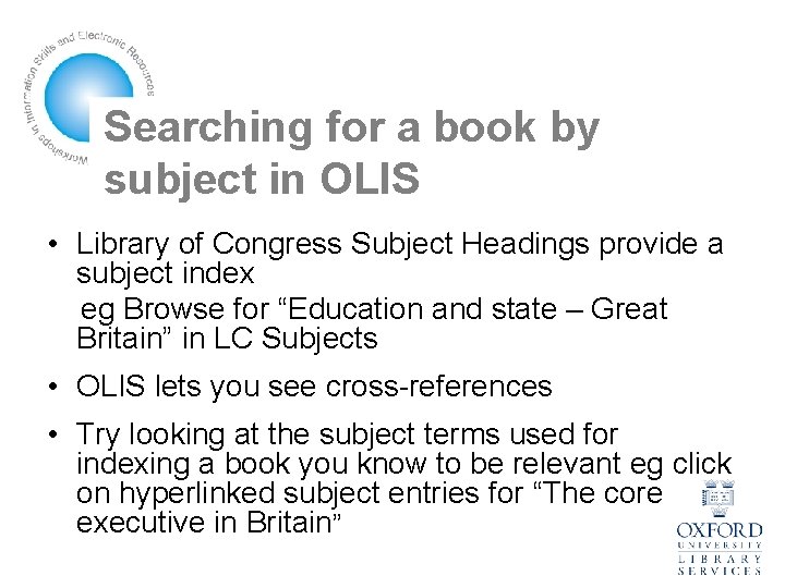 Searching for a book by subject in OLIS • Library of Congress Subject Headings