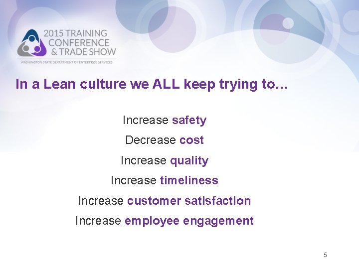 In a Lean culture we ALL keep trying to… Increase safety Decrease cost Increase