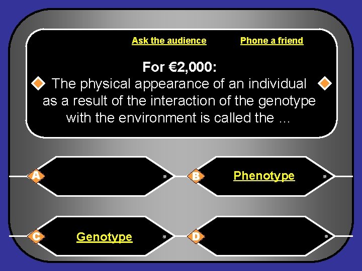 Ask the audience Phone a friend For € 2, 000: The physical appearance of