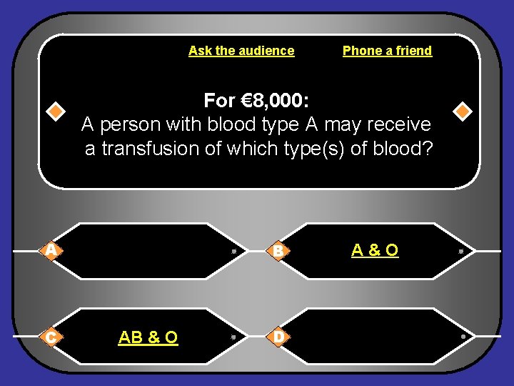 Ask the audience Phone a friend For € 8, 000: A person with blood