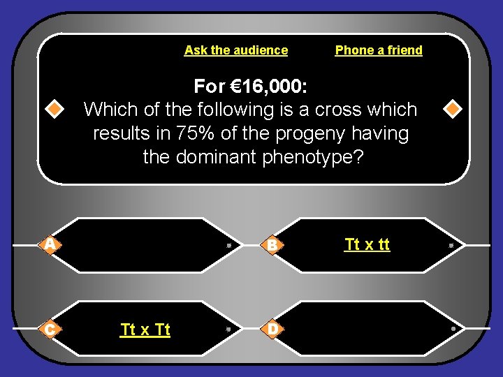 Ask the audience Phone a friend For € 16, 000: Which of the following