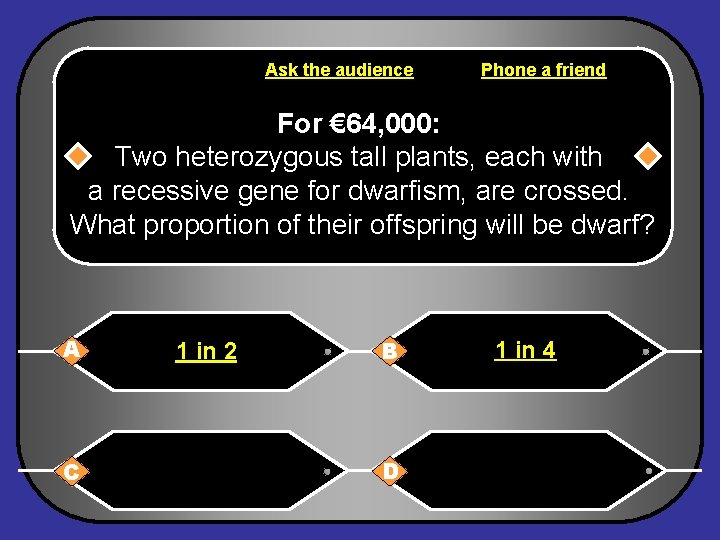 Ask the audience Phone a friend For € 64, 000: Two heterozygous tall plants,