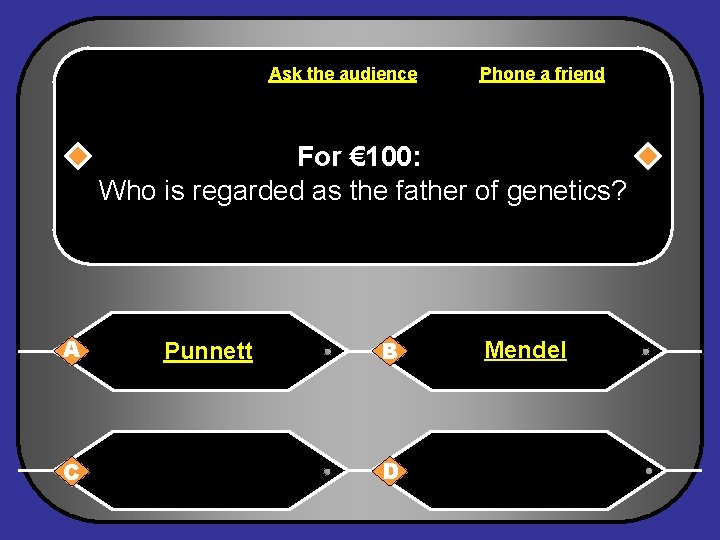 Ask the audience Phone a friend For € 100: Who is regarded as the