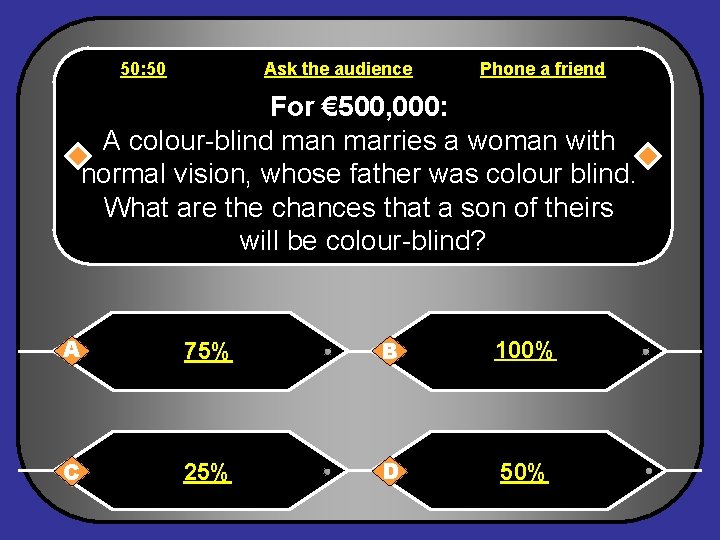 50: 50 Ask the audience Phone a friend For € 500, 000: A colour-blind