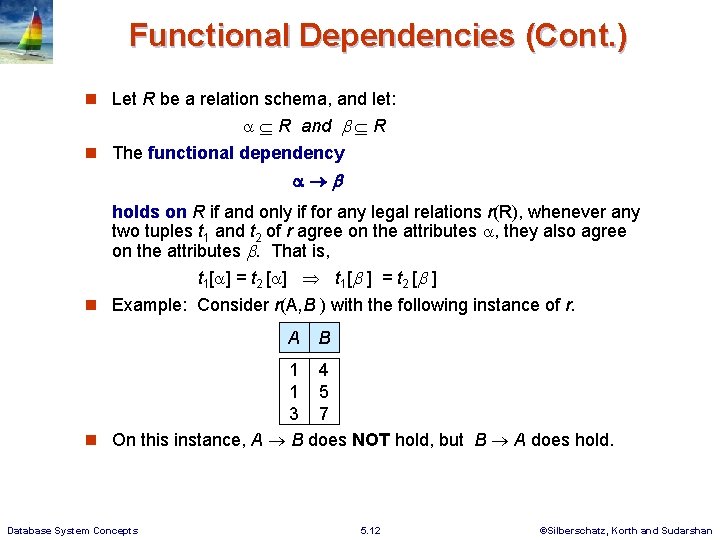 Functional Dependencies (Cont. ) Let R be a relation schema, and let: R and