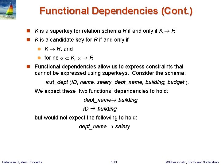Functional Dependencies (Cont. ) K is a superkey for relation schema R if and