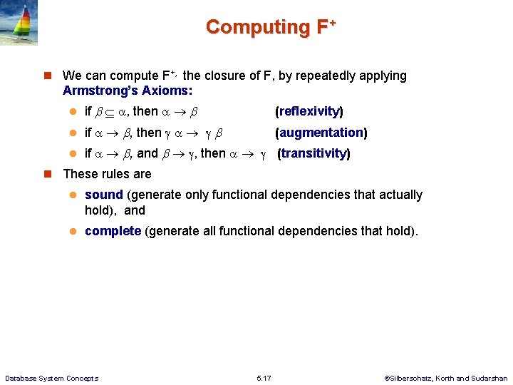Computing F+ We can compute F+, the closure of F, by repeatedly applying Armstrong’s