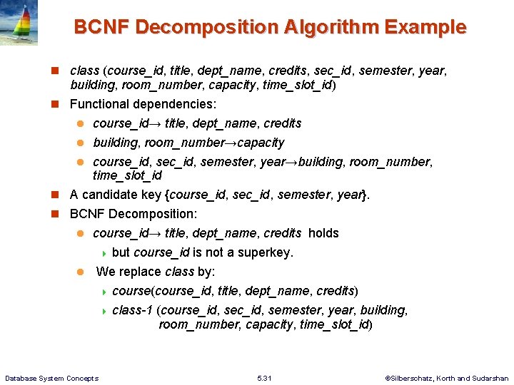 BCNF Decomposition Algorithm Example class (course_id, title, dept_name, credits, sec_id, semester, year, building, room_number,