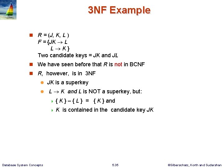 3 NF Example R = (J, K, L ) F = {JK L L