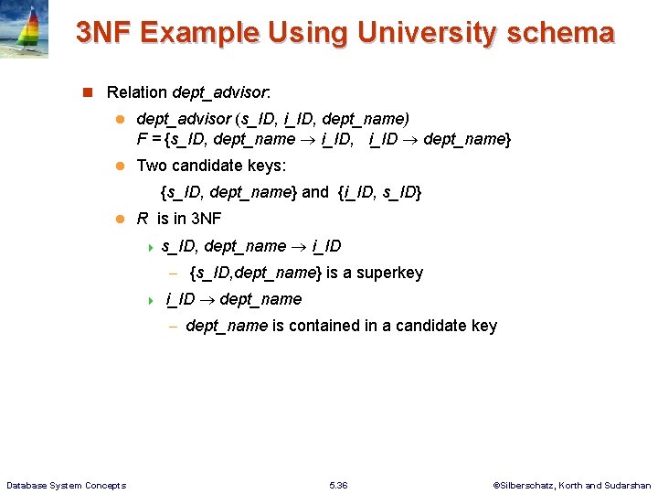 3 NF Example Using University schema Relation dept_advisor: dept_advisor (s_ID, i_ID, dept_name) F =
