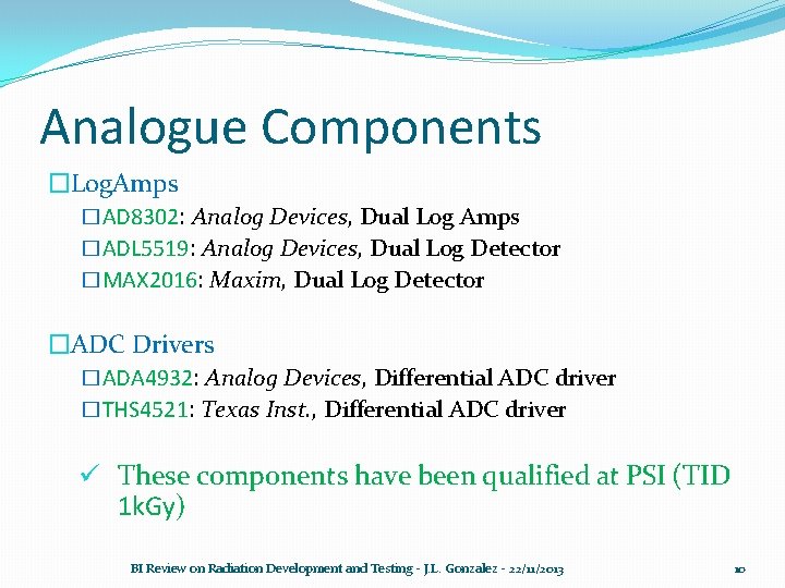 Analogue Components �Log. Amps �AD 8302: Analog Devices, Dual Log Amps �ADL 5519: Analog